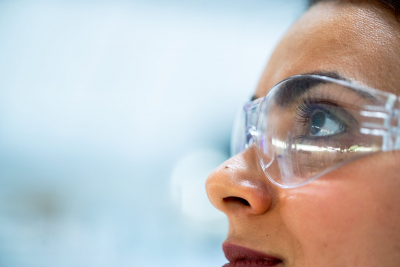 Researcher wearing protective googles